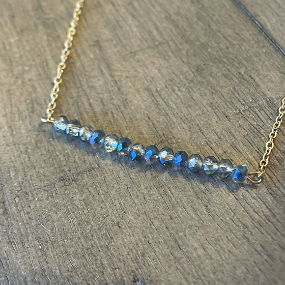 Gold Tiny Labradorite Blue Flash Bead Bar Necklace - Picture 5 of 5